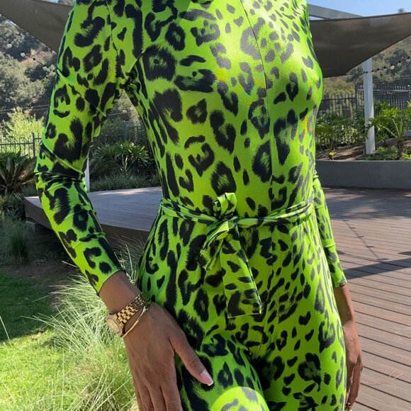 Custom Green Leopard Print Long Sleeve Capri Jumpsuit – Fixed By B - Picture 3 of 6